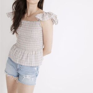 Madewell Seersucker Lucie Smocked Peplum Rainbow Plaid Top 6